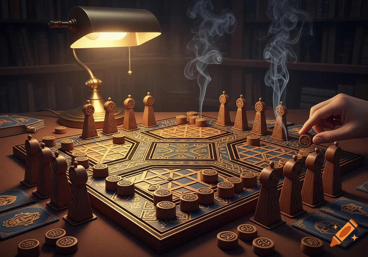 An ornate hexagonal board game with wooden pieces and cards, illuminated by a desk lamp with rising smoke. A hand plays a piece.
