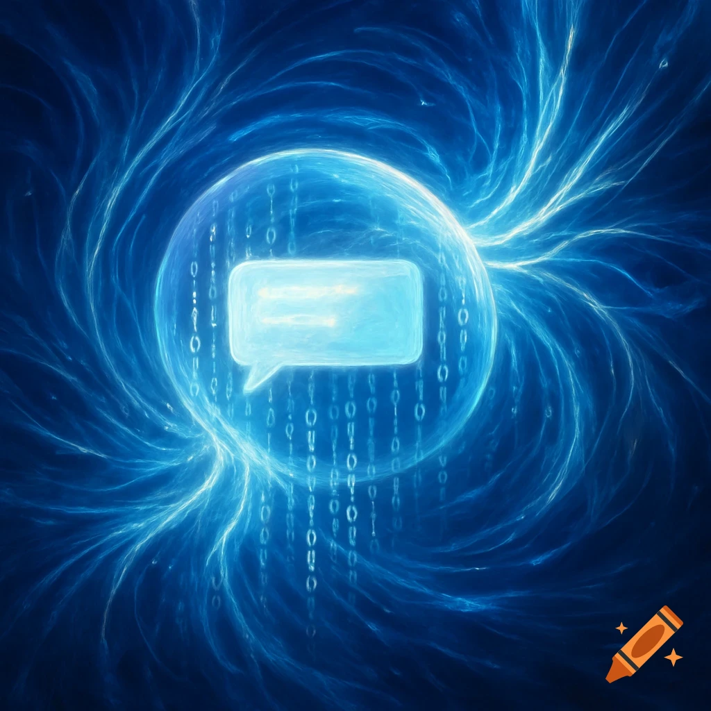 A glowing blue chat bubble icon surrounded by streams of binary code and swirling energy, set against a dark blue background.