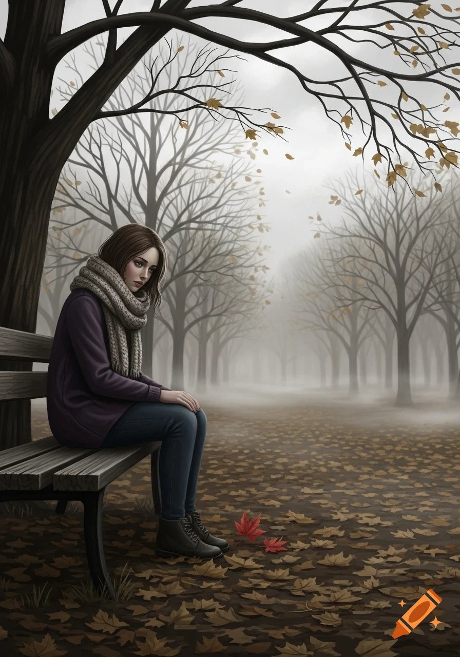 A melancholic woman in a scarf sits on a park bench amidst fallen autumn leaves and bare trees under a foggy sky.