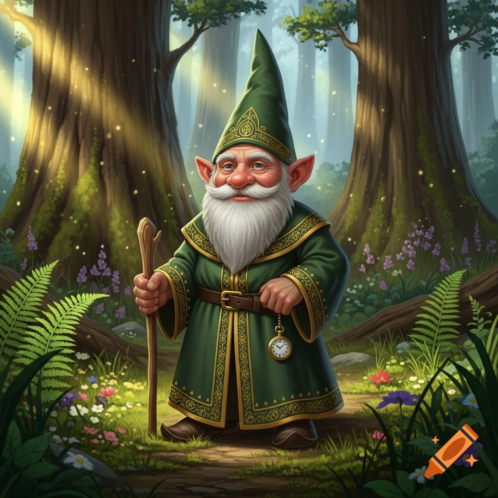 A bearded gnome in a green robe and hat stands on a forest path, holding a staff, with sunlit trees and flowers.