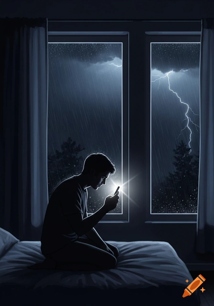 A man kneels on a bed, illuminated by his phone, as rain and lightning strike outside a dark bedroom window.