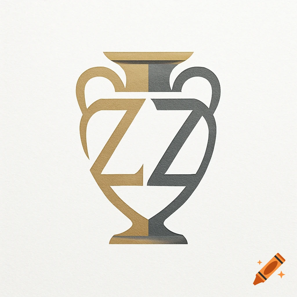 A minimalist logo featuring two mirrored gold and gray Greek Zetas forming the shape of an amphora on a textured white background.