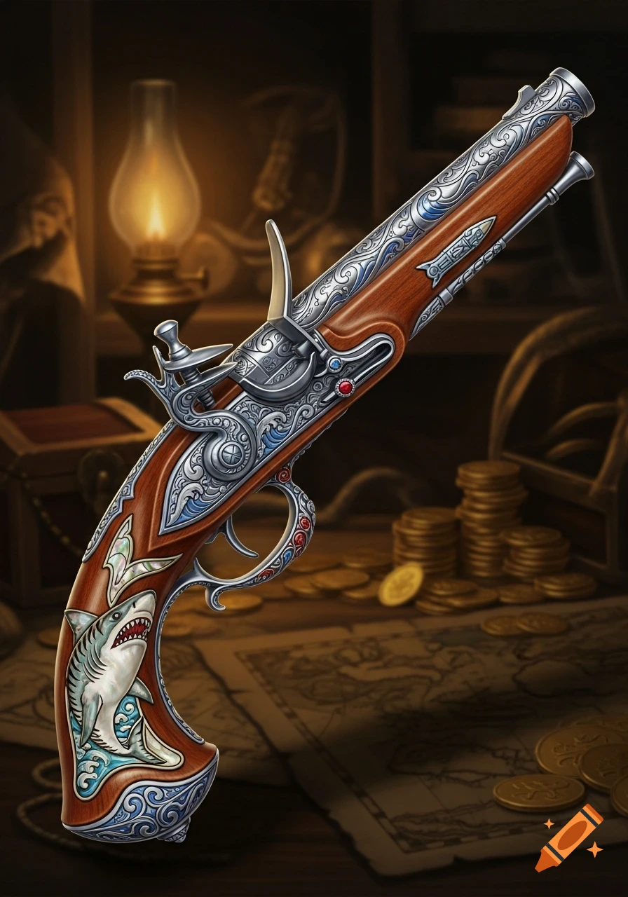 An ornate pirate flintlock pistol with a shark design on its handle, surrounded by gold coins and maps.