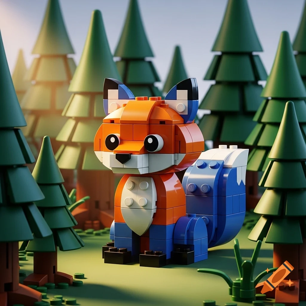 A charming LEGO fox, built with orange, white, and blue bricks, sits amidst a stylized LEGO forest of green pine trees.