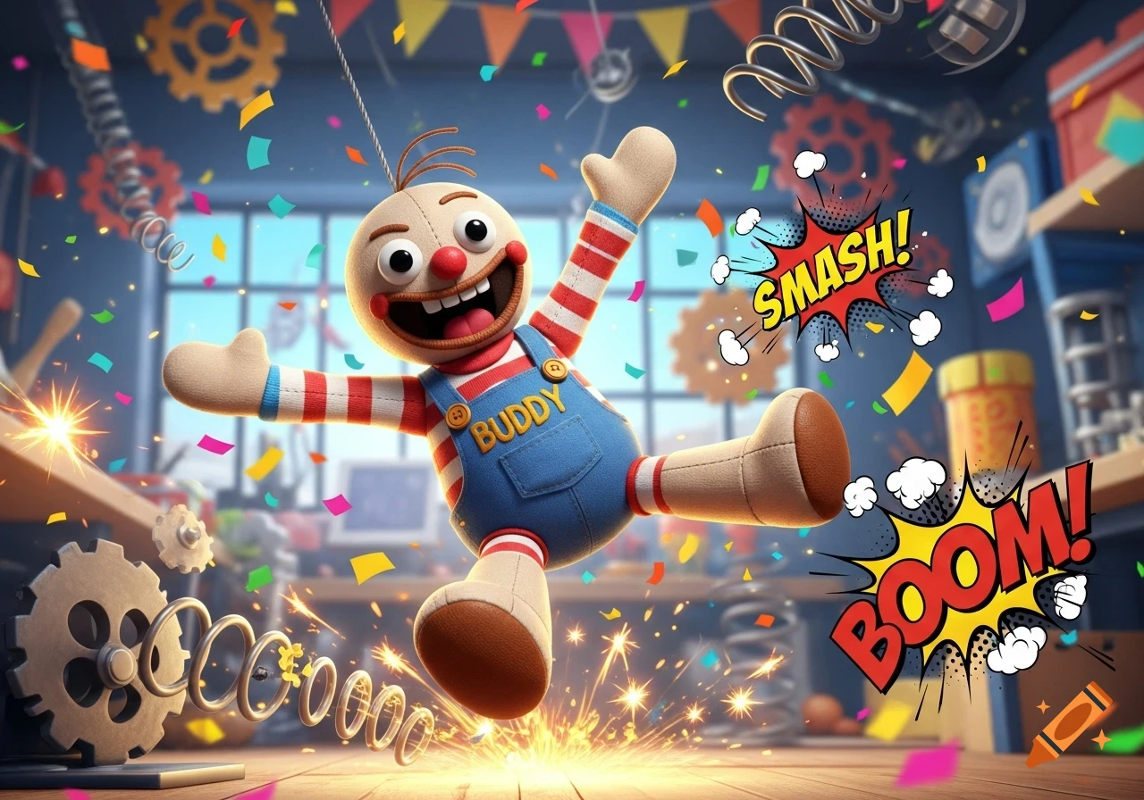 A smiling ragdoll character wearing blue overalls with "BUDDY" written on them, surrounded by confetti, sparks, and comic book-style "SMASH!" and "BOOM!" text in a workshop setting.