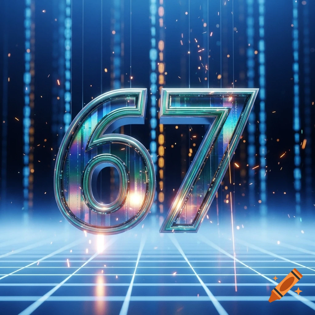 Metallic iridescent number 67 in a futuristic digital blue grid with ...
