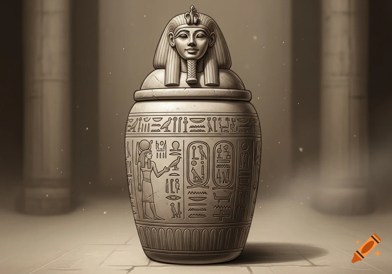 A detailed sepia-toned illustration of an ancient Egyptian canopic jar with a pharaoh's head lid, covered in hieroglyphs.