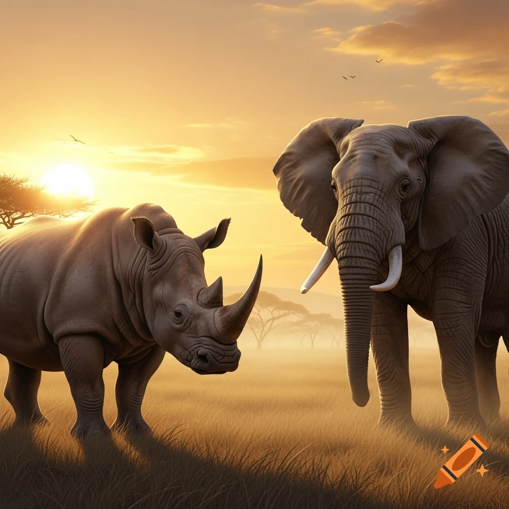 A rhinoceros and an elephant stand facing each other in a golden savanna at sunset, photorealistic.