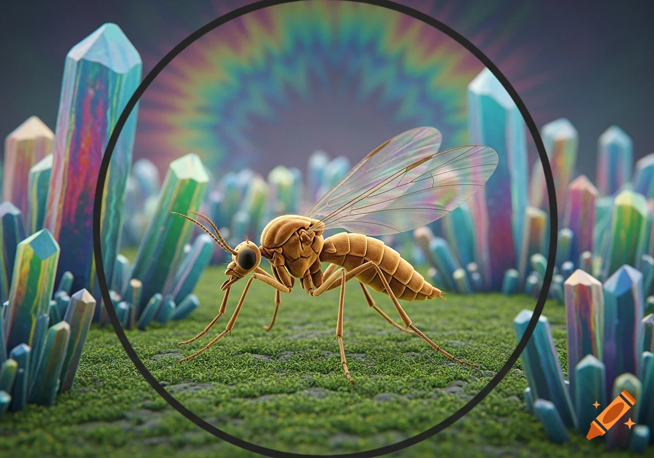 A detailed brown gnat stands on green moss amidst colorful crystals, with a rainbow aura in the background, framed by a black circle.