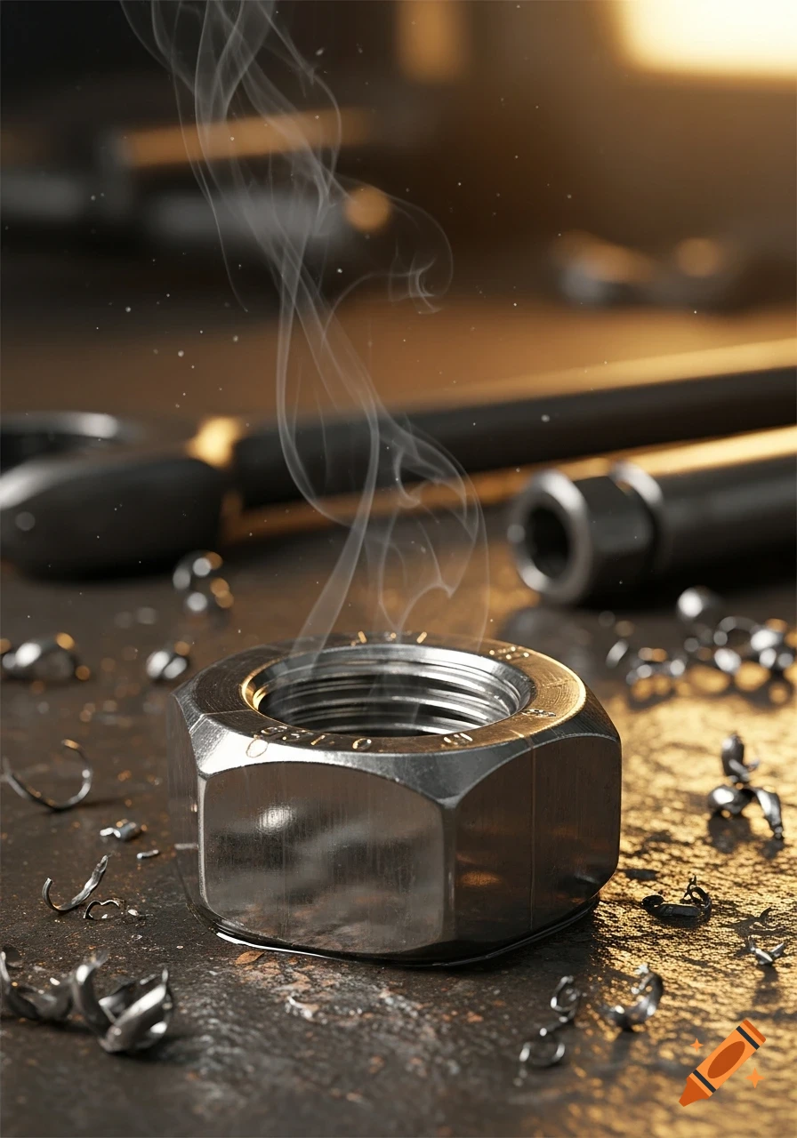 Photorealistic close-up of a smoking metal nut surrounded by metal shavings on a dark, textured surface with warm lighting.
