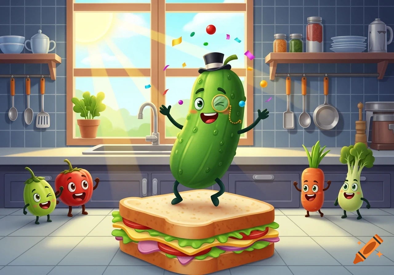 A cheerful cartoon pickle in a top hat and monocle stands on a large sandwich, surrounded by other smiling cartoon vegetables in a bright kitchen.