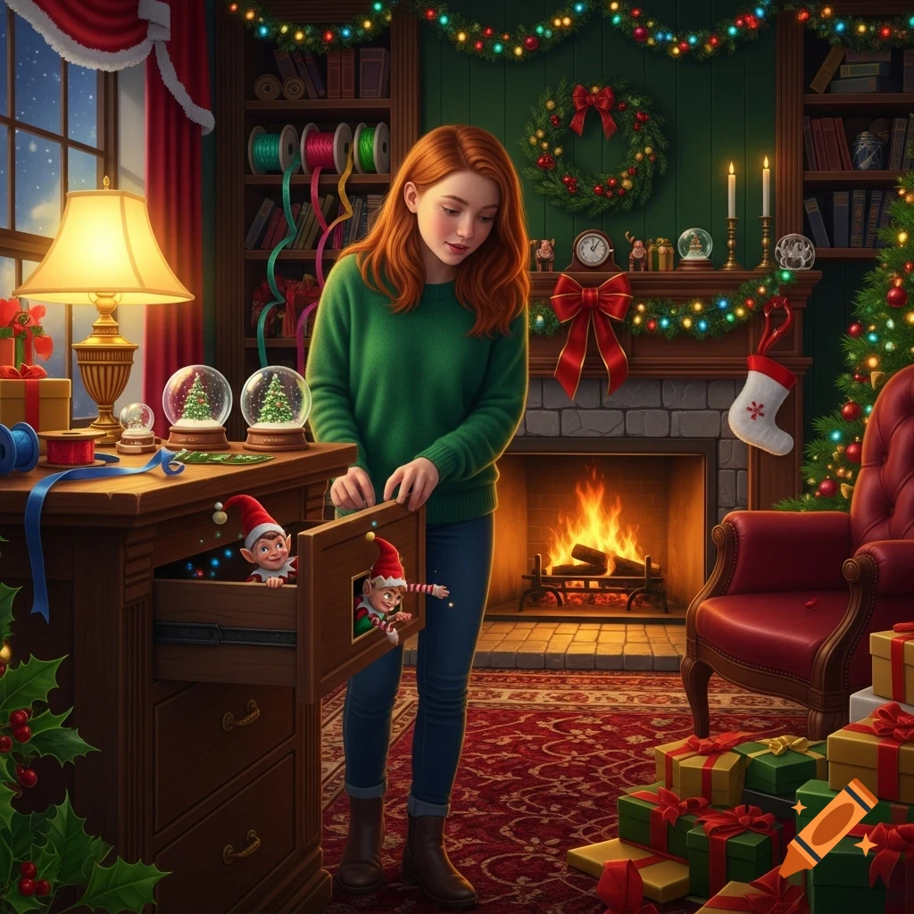 A red-haired girl looks into a dresser drawer as two elves peek out in a cozy, richly decorated Christmas room with a fireplace.
