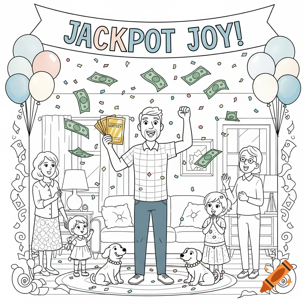 A coloring book illustration of a family celebrating, with a dad holding lottery tickets as money and confetti fall around them.