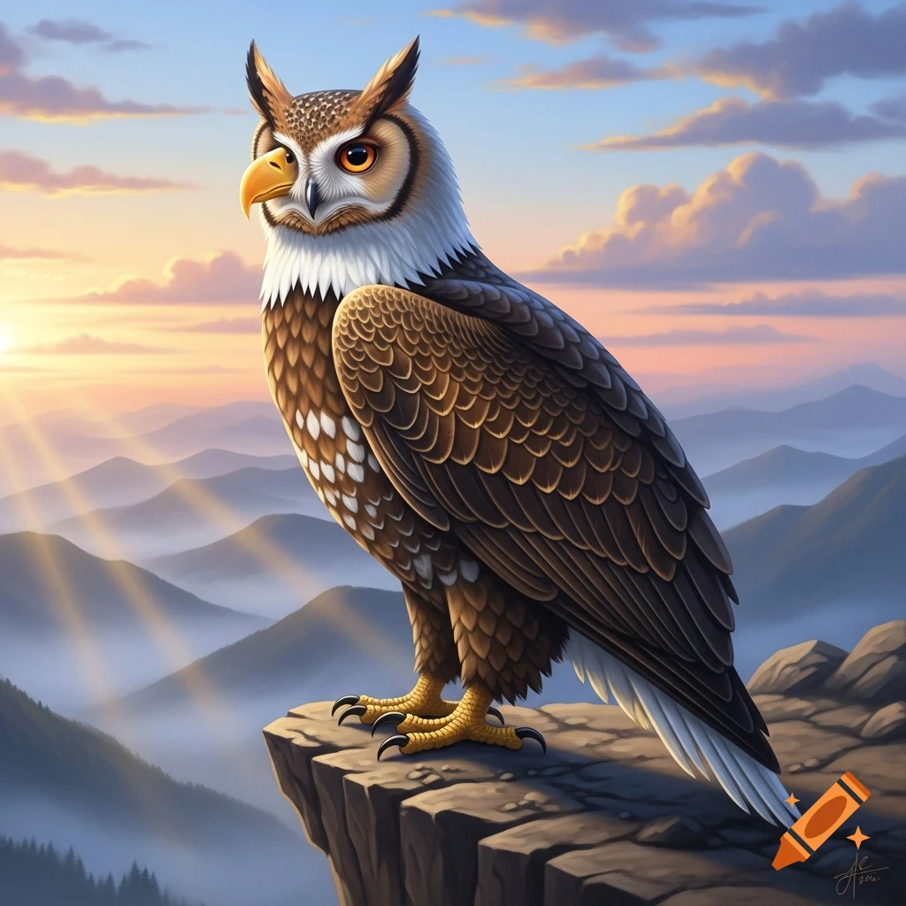 An illustrated elf owl and bald eagle hybrid bird perches on a rocky cliff overlooking misty mountains at sunset.