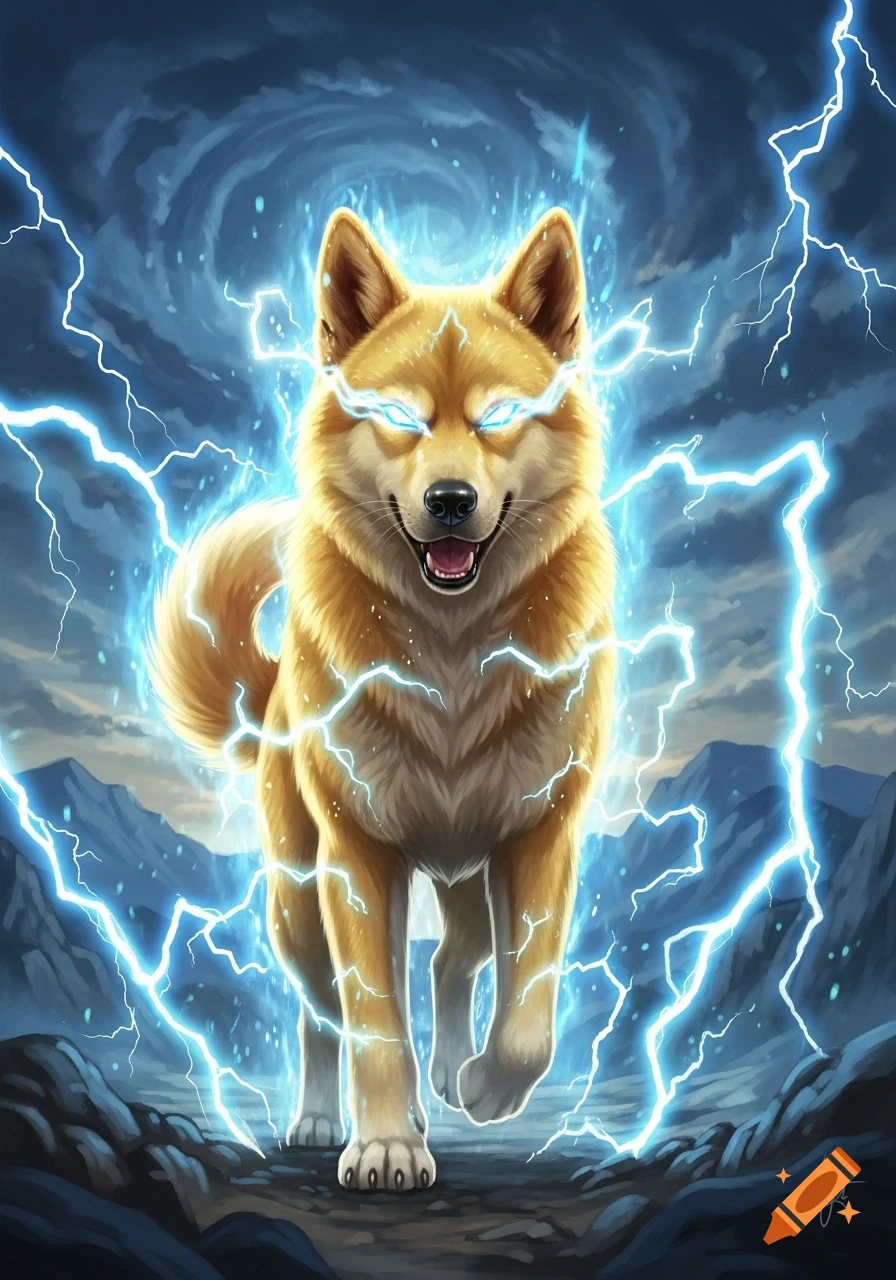 An illustrative golden Shiba Inu dog with glowing blue eyes, surrounded by blue lightning, against a stormy sky and mountains.