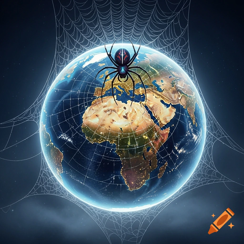 A black spider with a red mark on its back sits on a glowing blue and brown Earth globe, which is surrounded by a translucent white spider web.