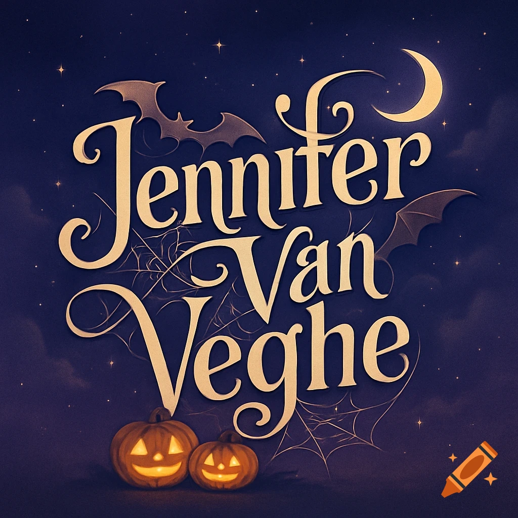 Stylized Halloween logo for 'Jennifer Van Veghe' with glowing pumpkins, bats, spiderwebs, and a crescent moon against a starry dark sky.