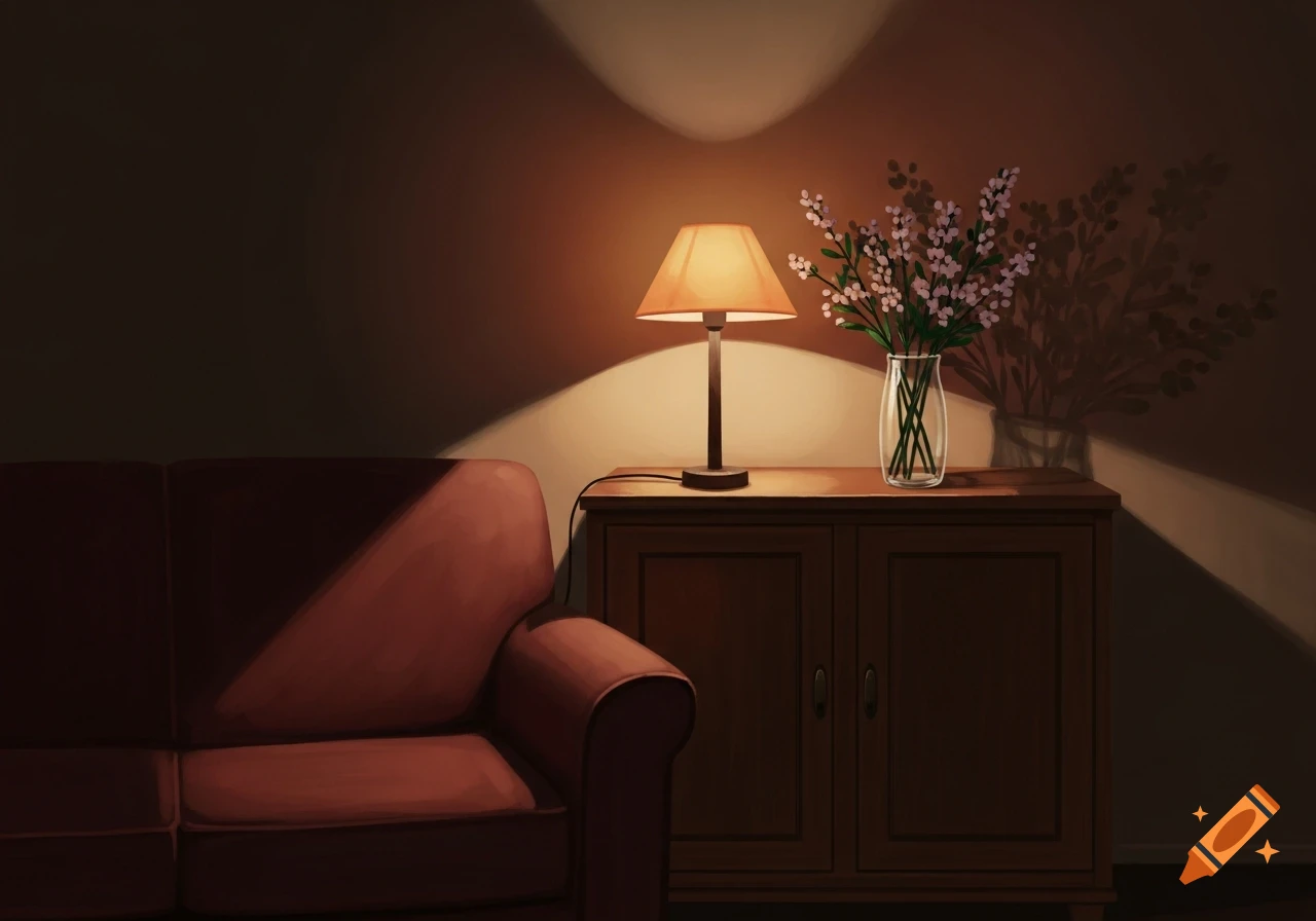 A softly lit living room at night with a lamp and a vase of white flowers on a wooden cabinet next to a red sofa.