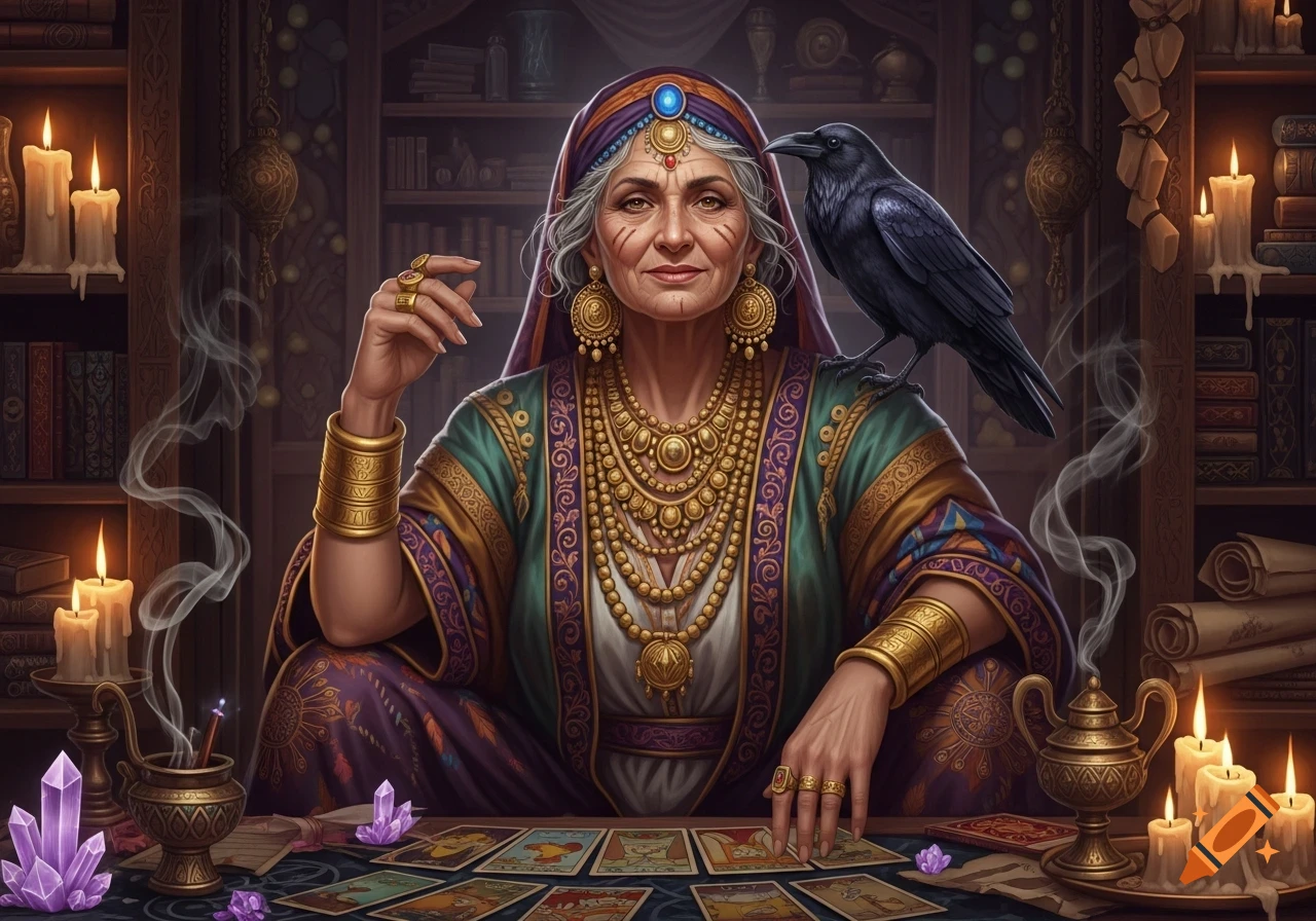 An old fortune teller with a raven sits amidst tarot cards, crystals, and candles in a mystical setting. Realistic digital art.