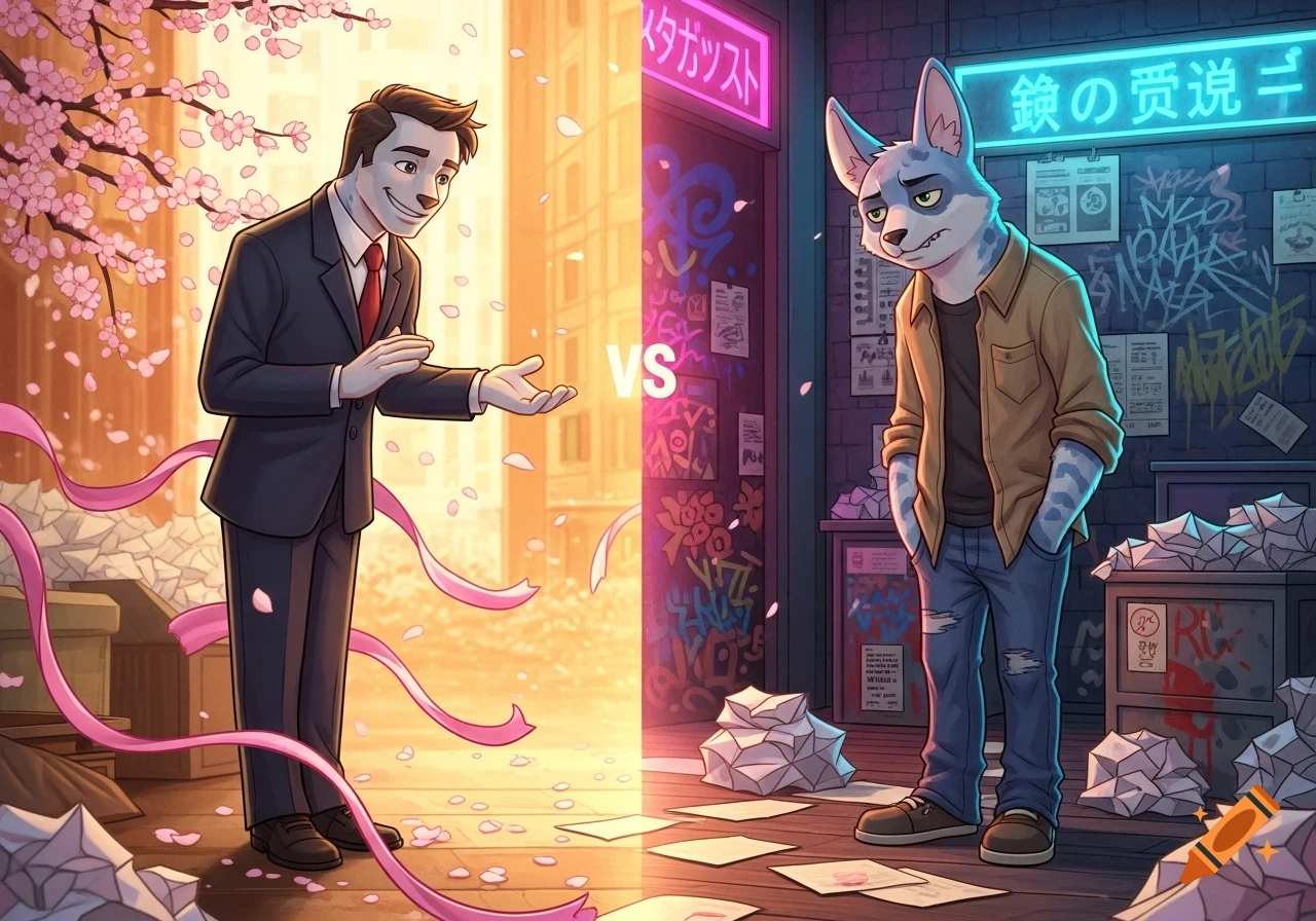 A stylized illustration depicting a contrast: a polite, smiling man in a suit surrounded by cherry blossoms and light on the left, and an impolite, grumpy cat-like creature in casual clothes amidst neon signs and graffiti on the right.