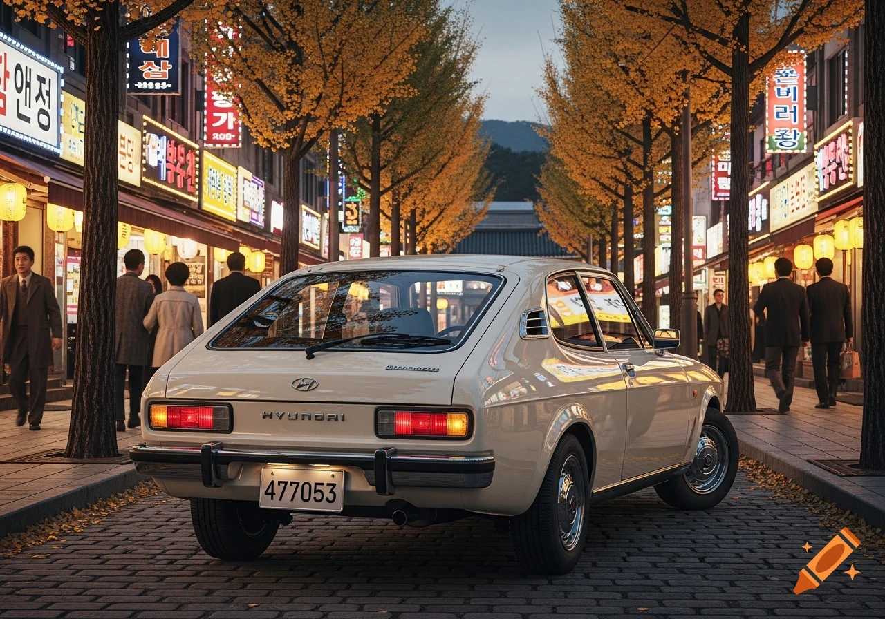 A rear view of a cream 1970s Hyundai hatchback parked on a cobblestone street in Seoul, flanked by autumn trees and illuminated shop signs.
