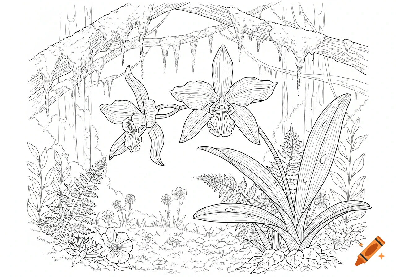 Line drawing of two large orchids with surrounding foliage, ferns, and vines in a natural jungle environment.