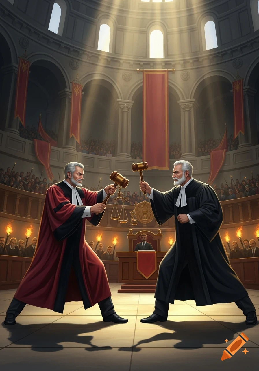 Two robed judges fight with gavels in a grand, sunlit courtroom before spectators, illustration.