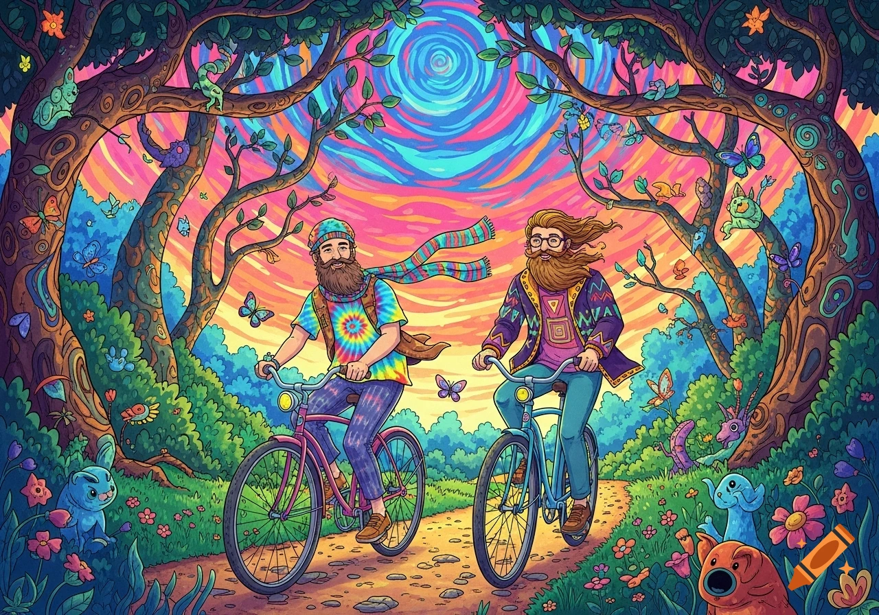 Two bearded men with colorful clothing and beards ride bicycles through a vibrantly colored, psychedelic forest.