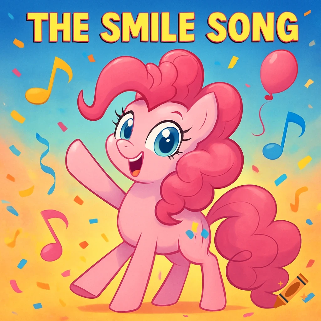 Pinkie Pie from My Little Pony smiles, surrounded by music notes, a balloon, and confetti, with the text "THE SMILE SONG" above her.