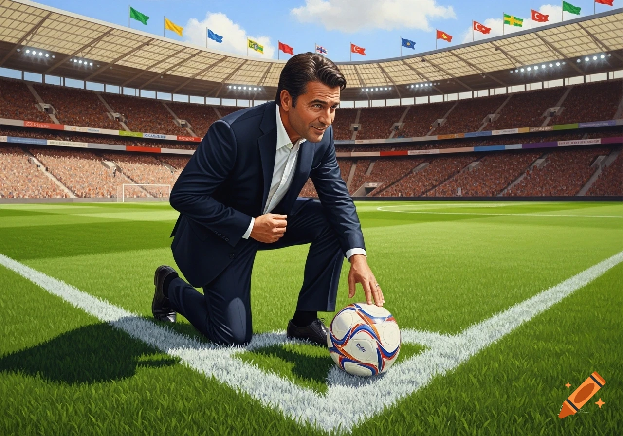 A man in a suit kneels on a soccer field, hand on a soccer ball near the corner line, with a stadium full of spectators in the background.
