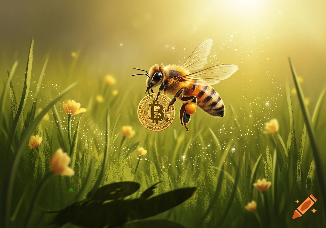 A detailed illustration of a honeybee flying through a sunlit field, carrying a golden Bitcoin coin.