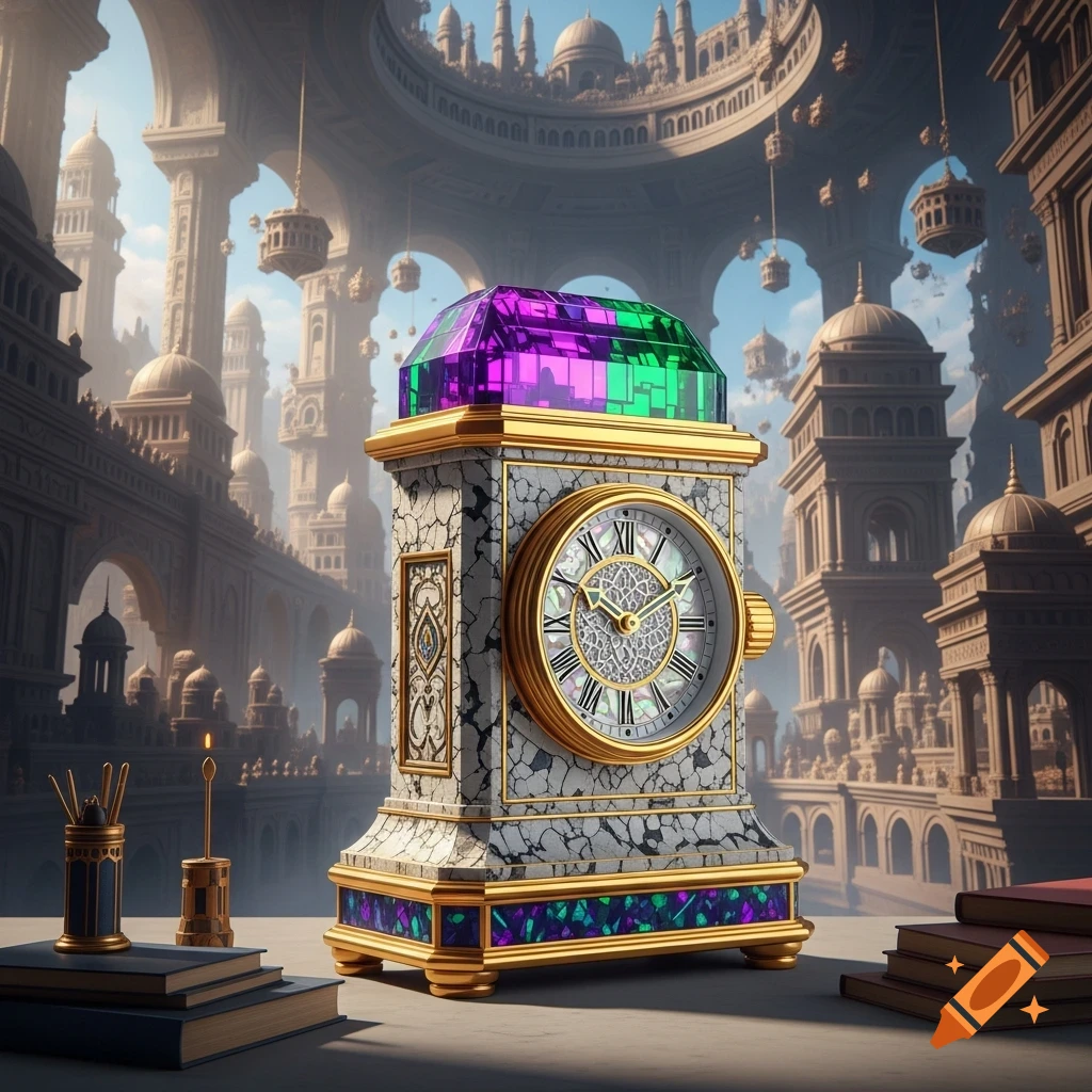 An ornate, luxurious table clock with a marble-like base, gold accents, and a vibrant purple and green crystal top, set against a backdrop of an elaborate, multi-level fantastical Arabic palace city.