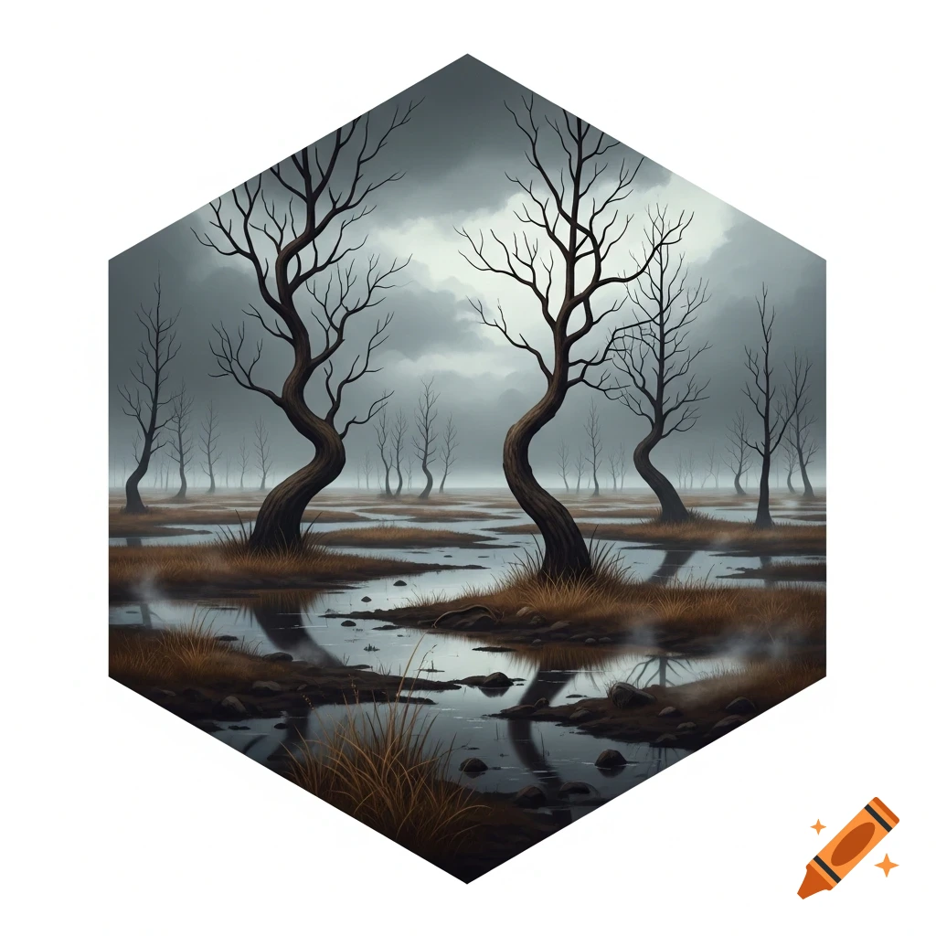 A hexagonal image depicting a barren marsh with leafless trees and still water under a cloudy, gloomy sky.
