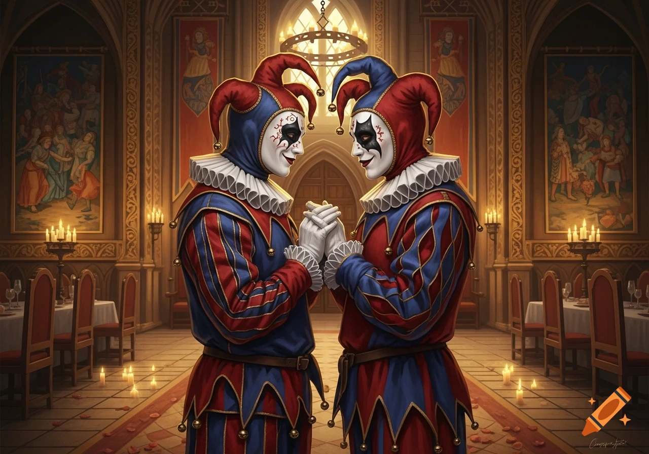 Two jesters in ornate red and blue costumes hold hands and gaze at each other in a candlelit, lavish medieval hall.