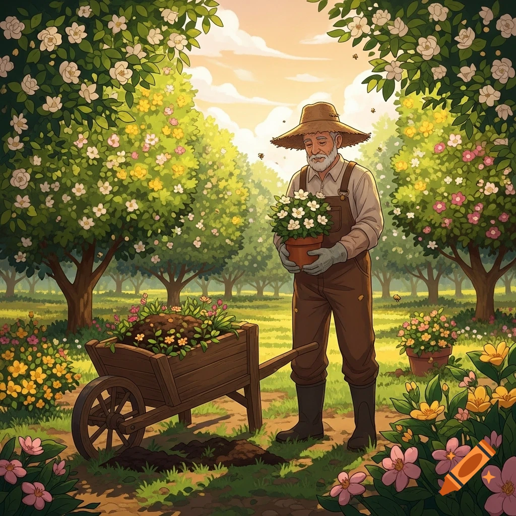 An old man in a straw hat and overalls holds a potted plant in a lush, blooming garden with a wheelbarrow. Stylized illustration.