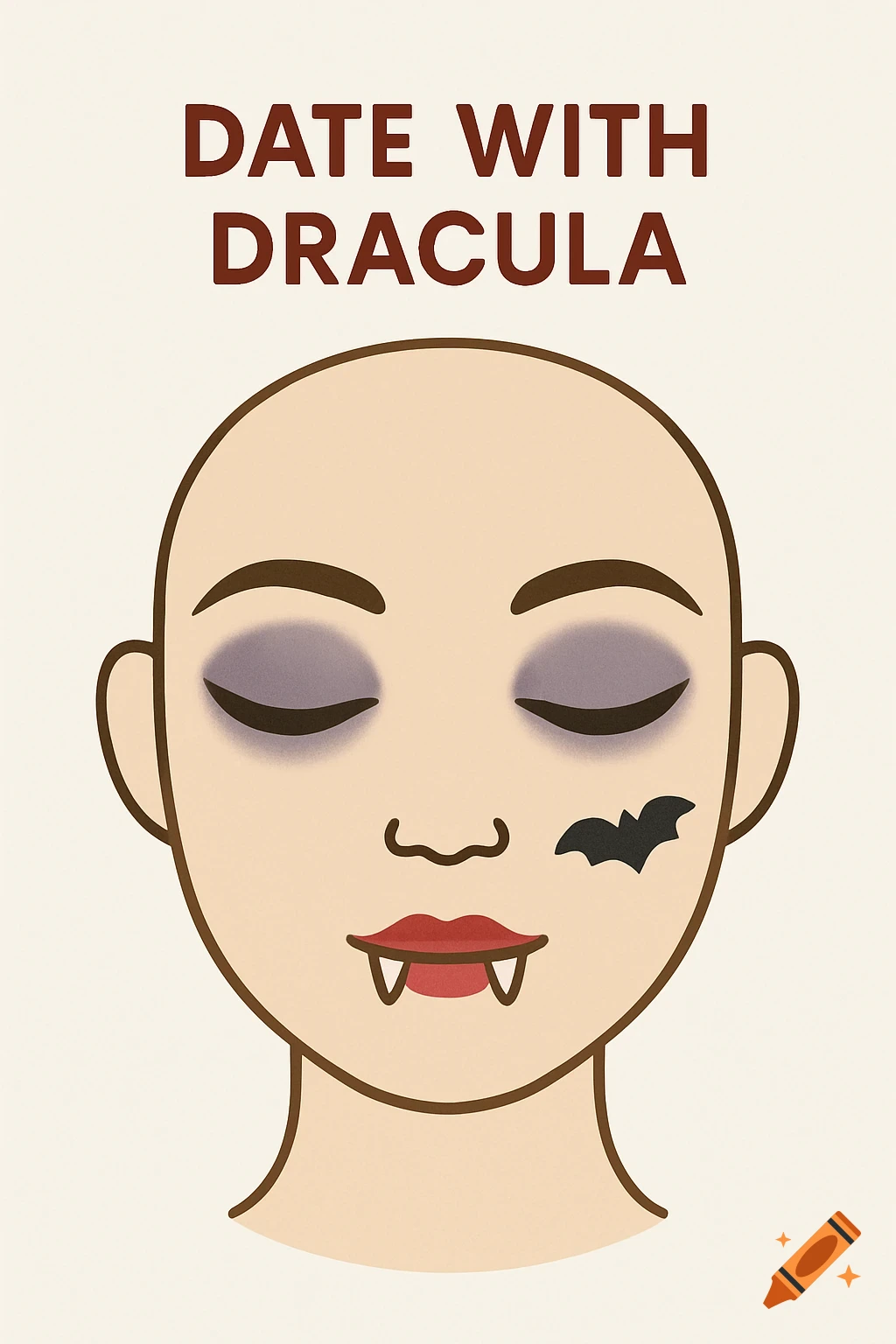 A minimalist cartoon makeup template featuring a bald head with smoky eyes, red lips, vampire fangs, and a bat on the cheek, with the text "DATE WITH DRACULA".