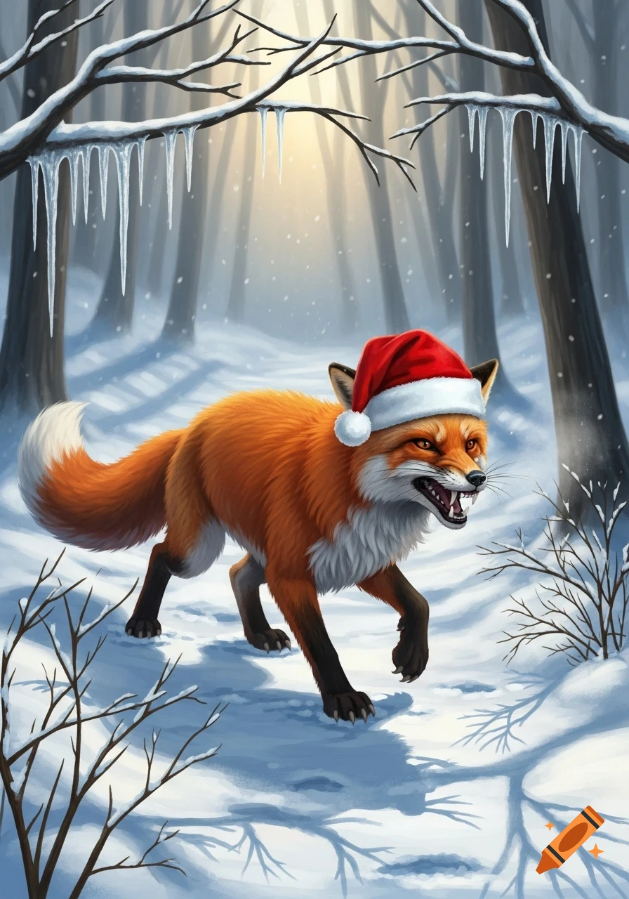 A snarling fox wearing a red Santa hat walks through a snowy forest with icicles hanging from tree branches.