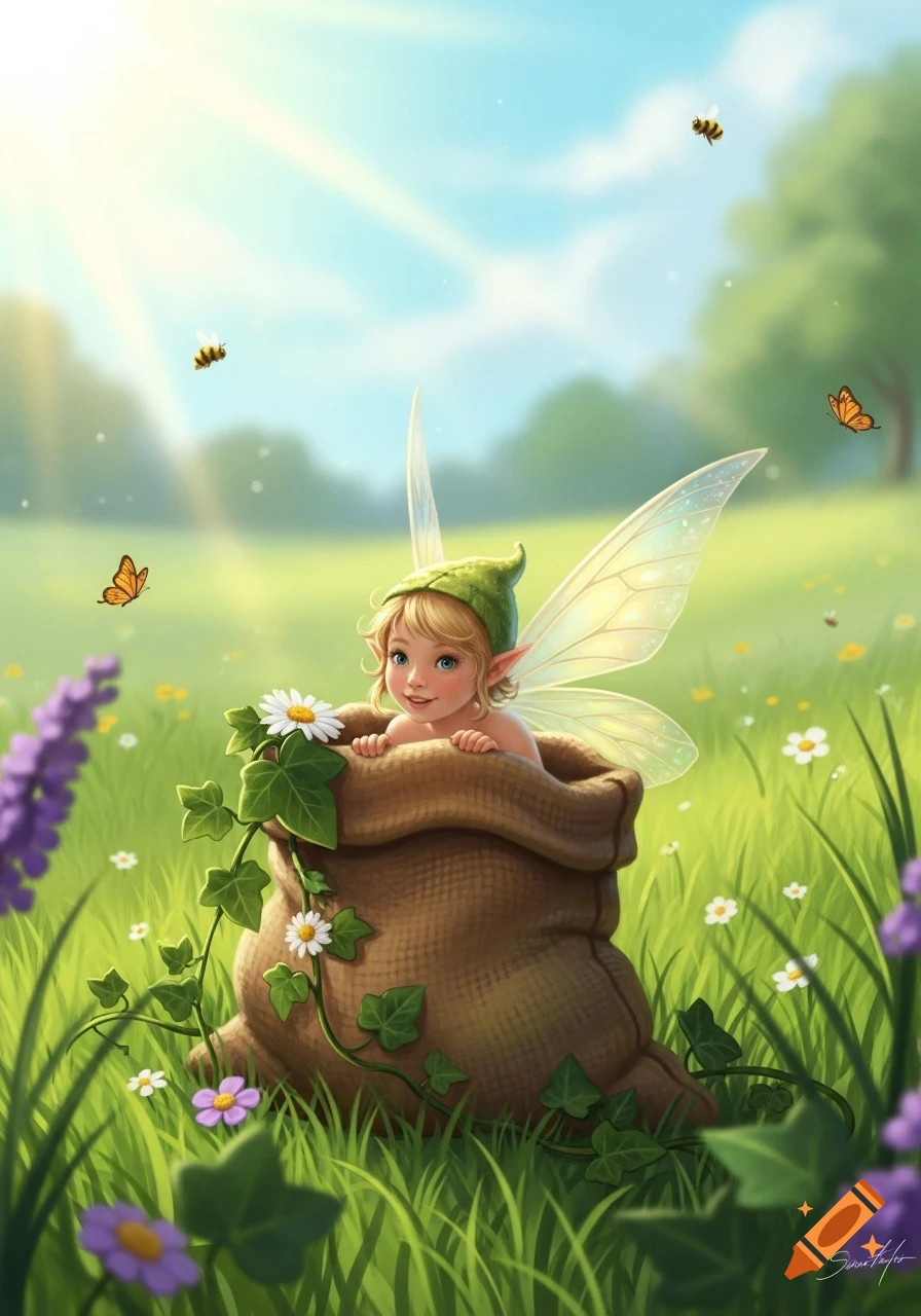 A tiny, blonde fairy with large translucent wings peeks out of a burlap sack in a sunny meadow with flowers, bees, and butterflies, in a digital illustration.