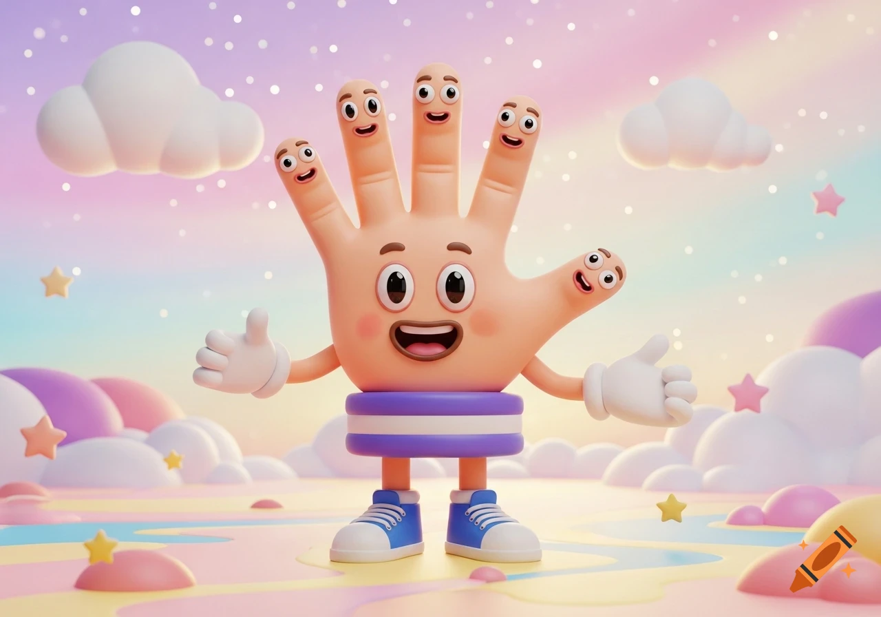 A happy 3D cartoon hand character with a face on its palm, multiple faces on its fingers, and wearing shoes and a purple skirt, stands in a whimsical, pastel-colored landscape with clouds and stars.