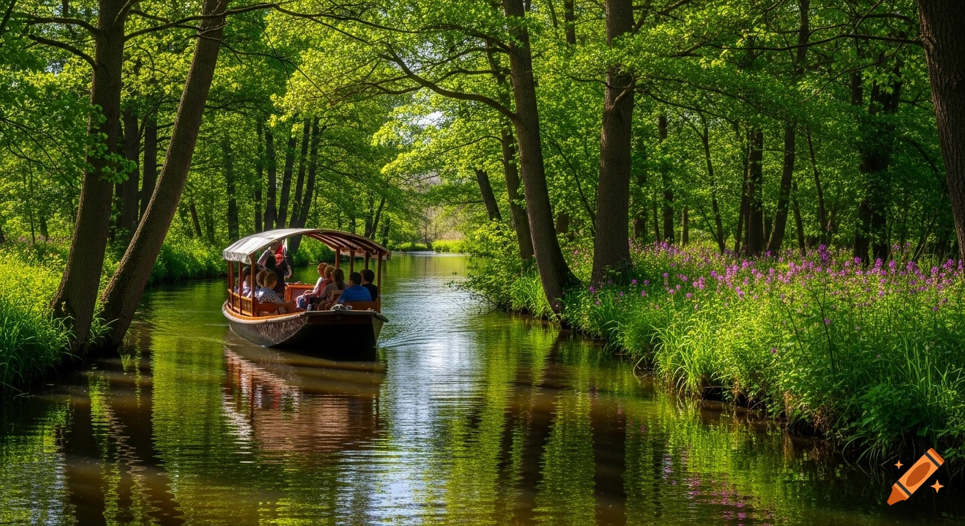 Photorealistic scene of a tour boat with passengers on a narrow river, surrounded by lush green trees and purple wildflowers.