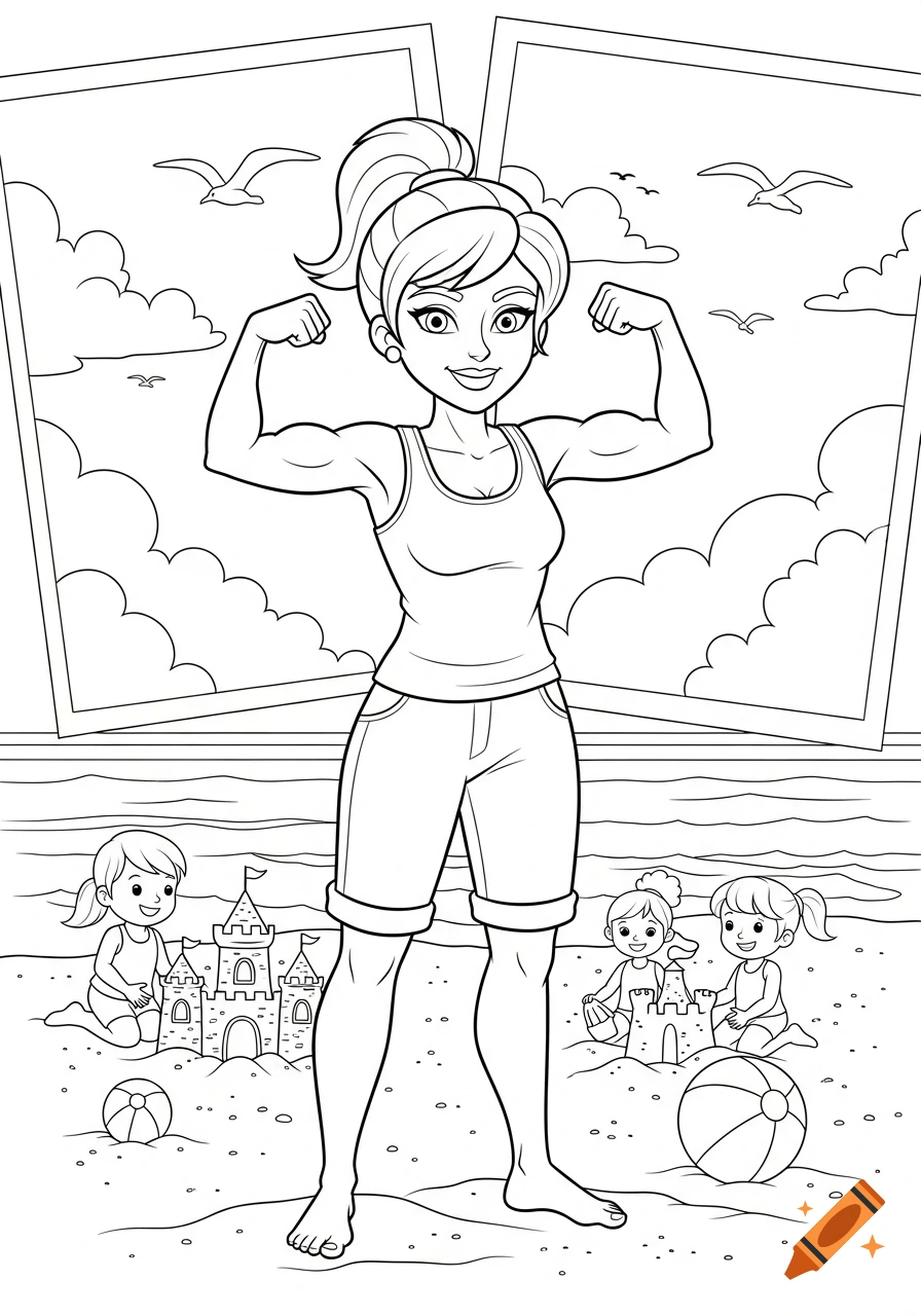 A cartoon black and white coloring page features a strong mom flexing at the beach, with two children playing with sandcastles.