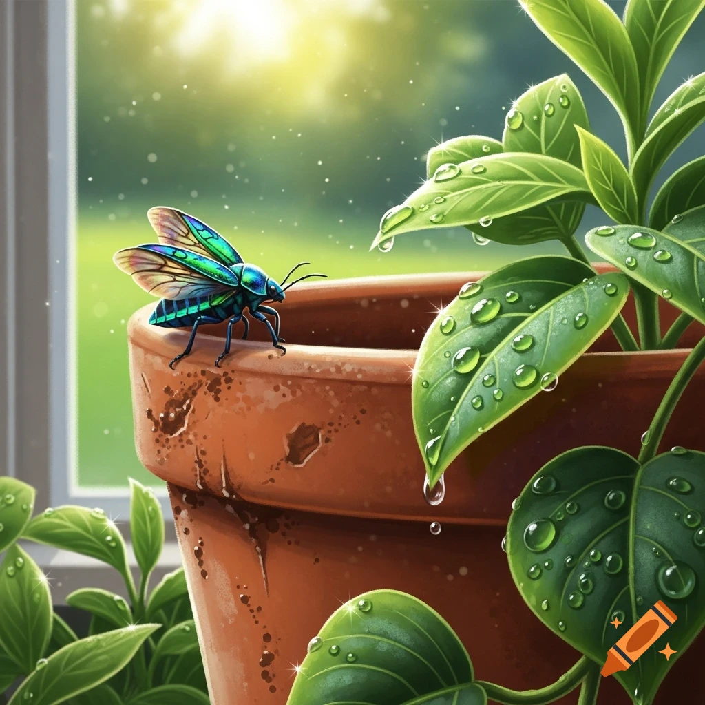A vibrant, iridescent blue and green bug perches on the rim of a terracotta pot, next to dew-kissed green leaves, with a bright window in the background.