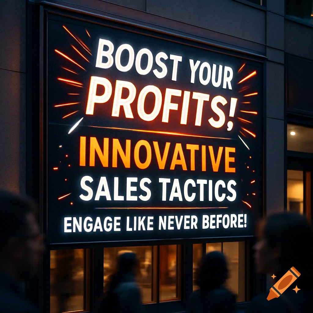 A bright digital billboard on a city building at night, displaying text 'BOOST YOUR PROFITS! INNOVATIVE SALES TACTICS ENGAGE LIKE NEVER BEFORE!' with glowing lines.