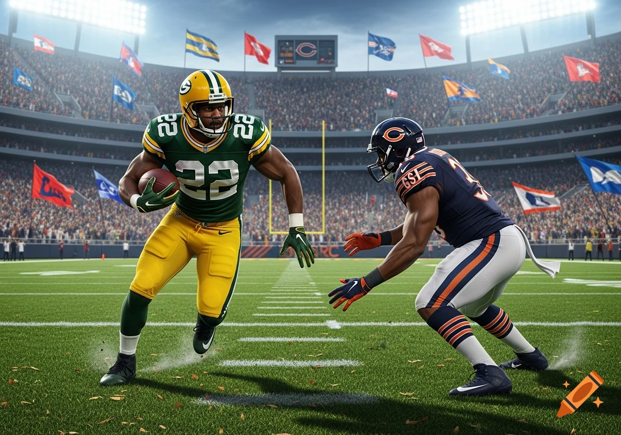 A Green Bay Packers player in green and yellow runs with a football, avoiding a Chicago Bears player in navy and orange on a stadium field.
