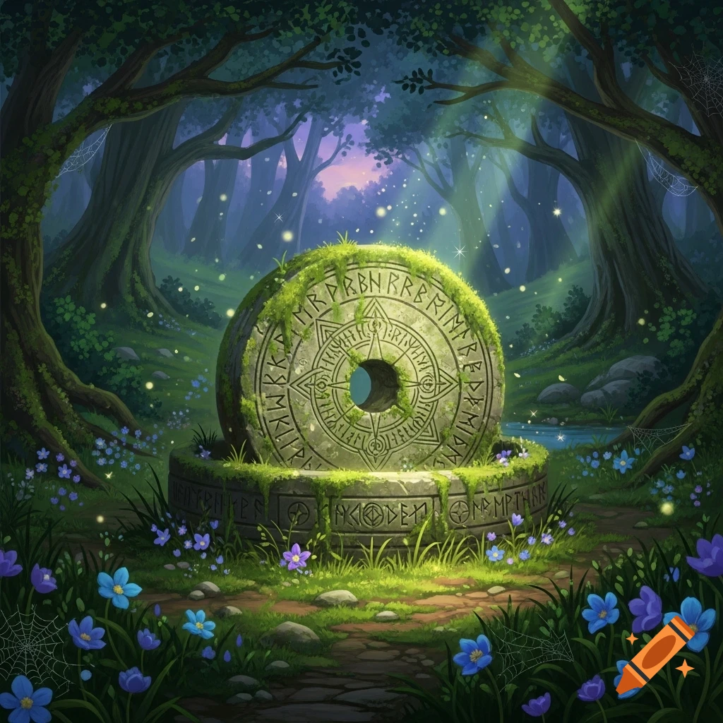 A mossy, ancient millstone with magical runes stands in a glowing, enchanted forest with blue flowers and fireflies.