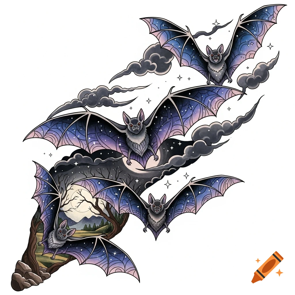 Neotraditional tattoo design of four stylized bats with starry wings flying through clouds and a moonlit forest scene.