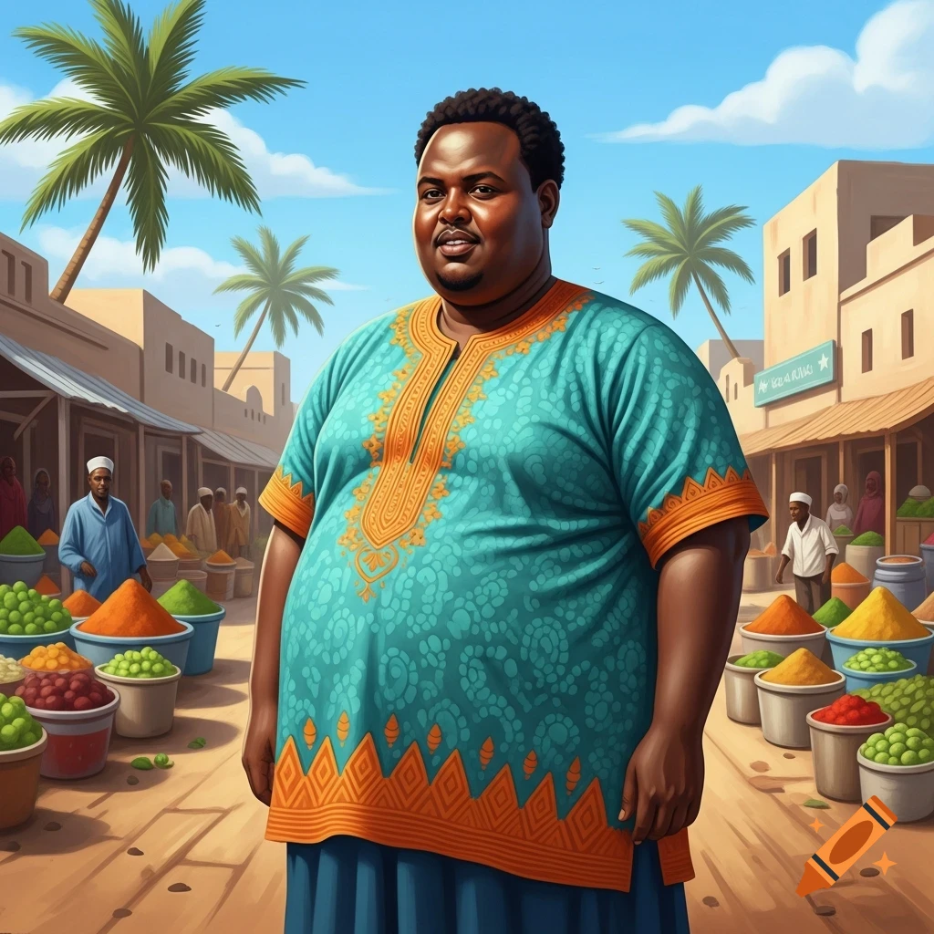 An obese Somali man in a vibrant teal and orange tunic stands smiling in a bustling open-air market with spice stalls and palm trees under a blue sky.