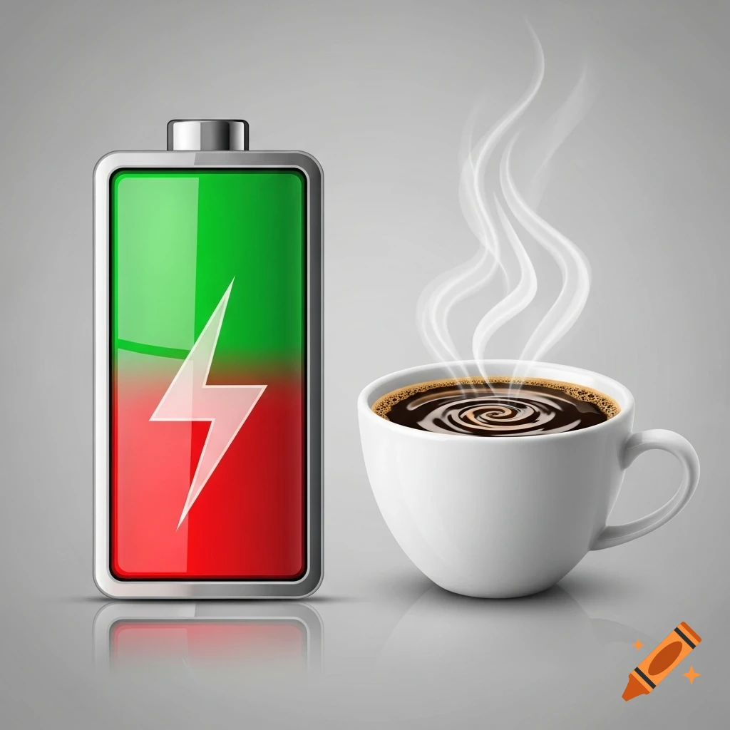 A vibrant battery icon, green at the top and red at the bottom, with a white lightning bolt, stands beside a steaming white coffee cup.