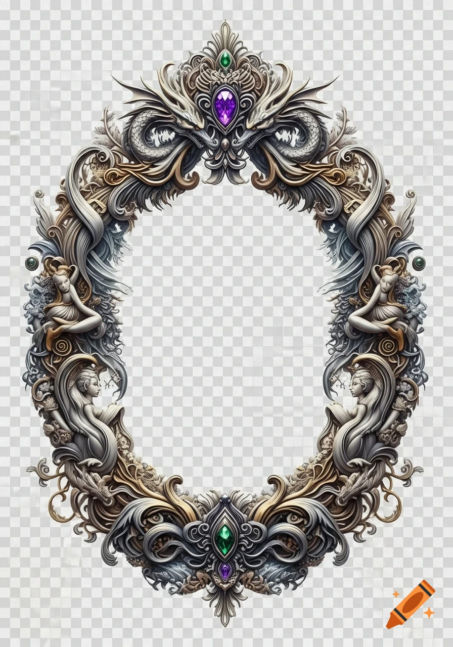 Ornate fantasy oval frame with dragons, mythical figures, and jewels on a transparent background.