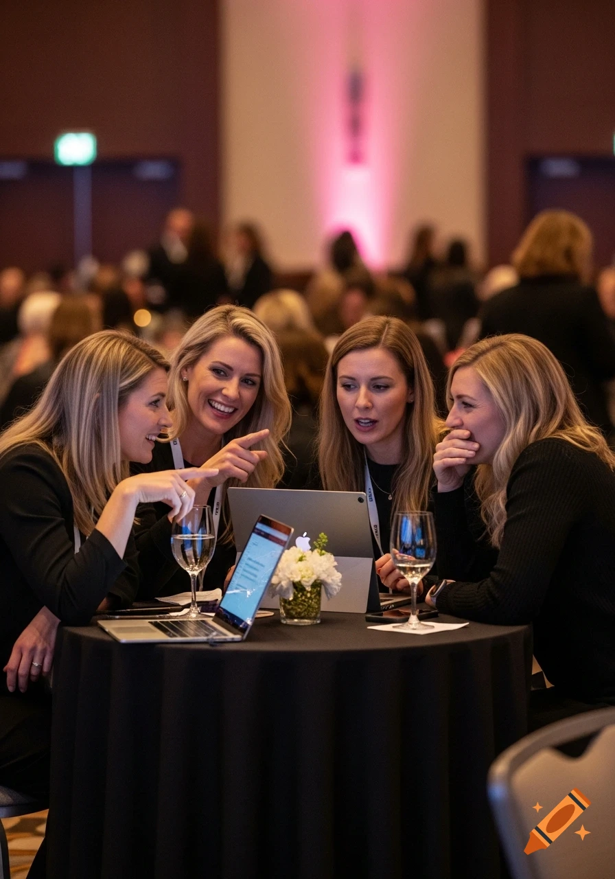 Four women in black attire gather around a table with laptops at an event, smiling and interacting, with a blurred ballroom background.